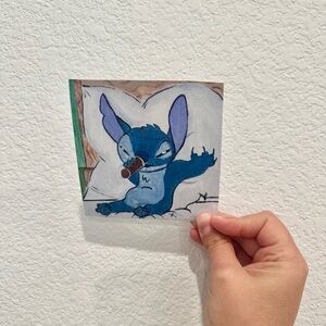 Stitch Having Coffee in bed Handmade Cartoon Print Laminated Copy Artwork 4”x4”